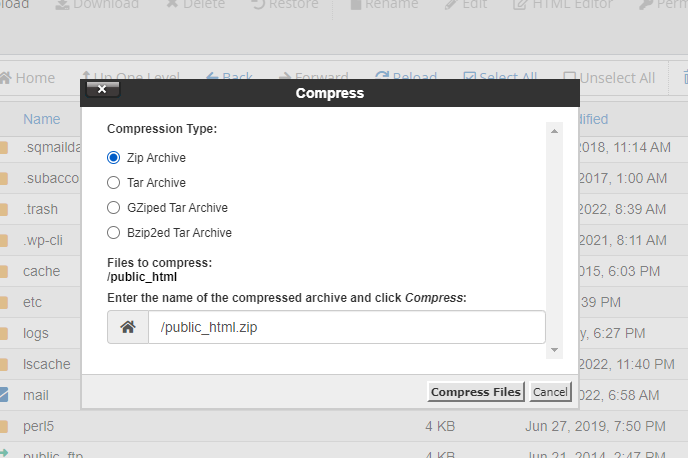 Compress File in File Manager - Cpanel